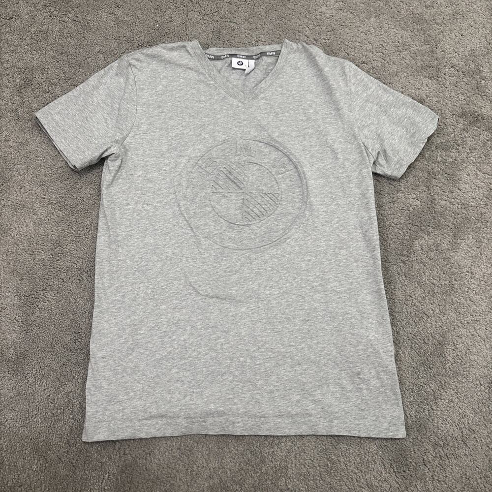 BMW T Shirt Big Logo Embossed Gray Short Sleeve Size Medium